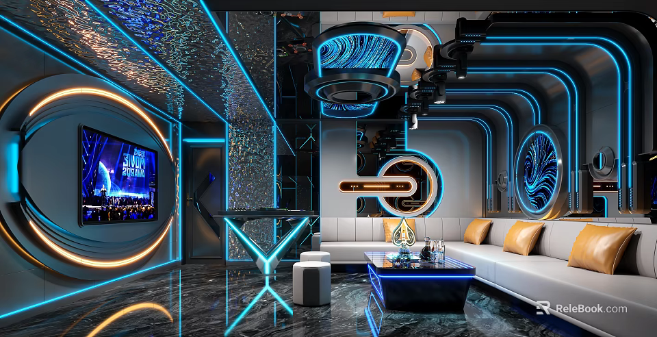 Modern KTV Lounge Interior With Neon Lights Large TV Screen Comfortable Sofa And Bar Counter 3d model