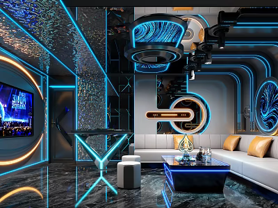 Modern KTV Lounge Interior With Neon Lights Large TV Screen Comfortable Sofa And Bar Counter 3d model