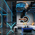 Modern KTV Lounge Interior With Neon Lights Large TV Screen Comfortable Sofa And Bar Counter 3d model