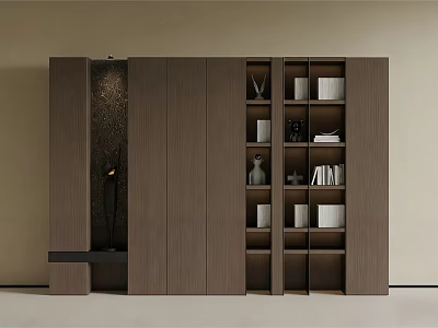 Modern Wooden Bookcase With Built In Shelves And Decorative Items 3d model
