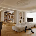 Modern Living Dining Room Interior With White Sofa Bookshelf Fireplace Circular Ceiling And Wooden Floor