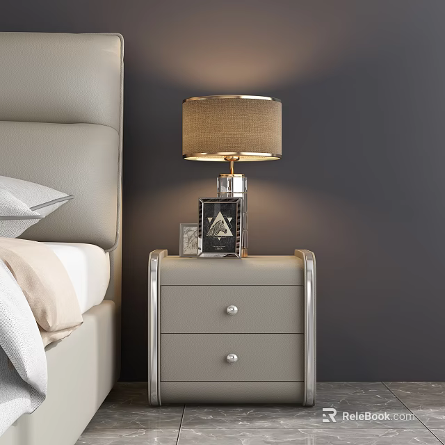 Modern Light Gray Nightstand with Table Lamp Book Small Cup and Drawers by Bed 3d model 
