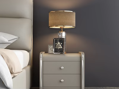 Modern Light Gray Nightstand with Table Lamp Book Small Cup and Drawers by Bed 3d model