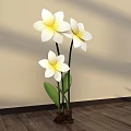 Floral Display with White Flowers Yellow Centers Green Leaves in Brown Vase on Light Background