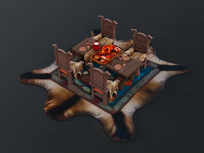 Traditional Dining Area Setup With Wooden Chairs Animal Hide Rug And Fire Pit 3d model