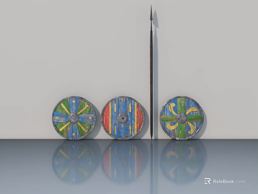 Hinged Door With Three Colorful Decorative Shields On Gray Wall And Reflective Floor 3d model 