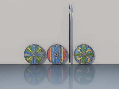 Hinged Door With Three Colorful Decorative Shields On Gray Wall And Reflective Floor 3d model