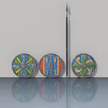 Hinged Door With Three Colorful Decorative Shields On Gray Wall And Reflective Floor