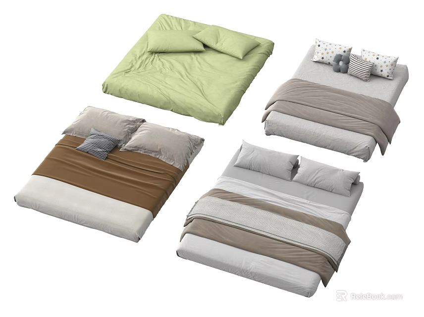 Various Style Mattresses With Colorful Bed Sheets And Decorative Pillows 3d model 