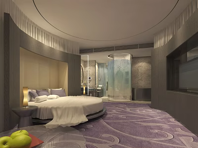 Modern Hotel Guest Room Interior With Round Bed White Bedsheets And Purple Patterned Carpet 3d model