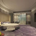 Modern Hotel Guest Room Interior With Round Bed White Bedsheets And Purple Patterned Carpet