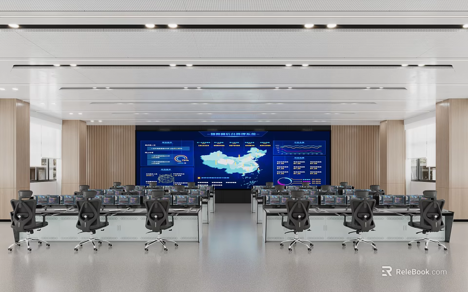 Modern Control Room Interior With Large Display Screen And Control Desks 3d model 