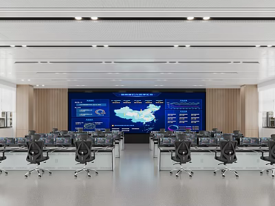 Modern Control Room Interior With Large Display Screen And Control Desks 3d model
