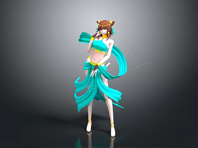 Anime Character Wearing Blue Costume With Cat Ears Flowing Ribbons And Yellow Decorations 3d model