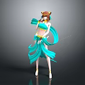 Anime Character Wearing Blue Costume With Cat Ears Flowing Ribbons And Yellow Decorations
