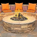 Outdoor Sofa Circular Design With Fire Pit Stone And Orange Purple Cushions On Stone Patio
