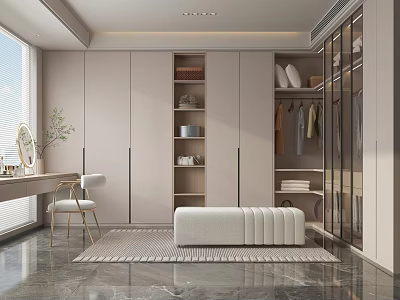 Modern Cloakroom Cream Cloakroom Wardrobe Dressing Table and Chair Carpet Green Plant Shoe Changing Stool Tote 3d model