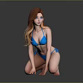 Female Character in Blue Bikini With Long Red Hair Kneeling Against Black Background
