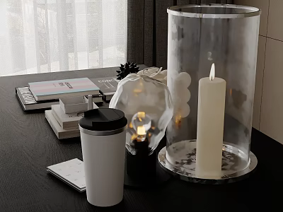 Modern Inflatable Decorative Piece With Transparent Cylinder And Lit Candle On Table 3d model
