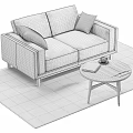 Brown Leather Sofa With Gray Blue Pillows And Marble Coffee Table On Patterned Rug 3d model