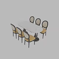 Six Chair Dining Table Set With Oval White Marble Top Wicker Backrests And Yellow Cushions
