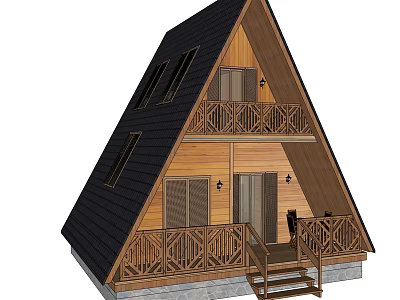 Triangle Roof Vacation Rental Building With Two Story Wooden Structure Balconies Black Roof And Railings 3d model