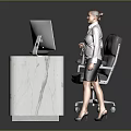 Modern Reception Desk With White Marble Top Wooden Base Gray Chair And Computer Monitor