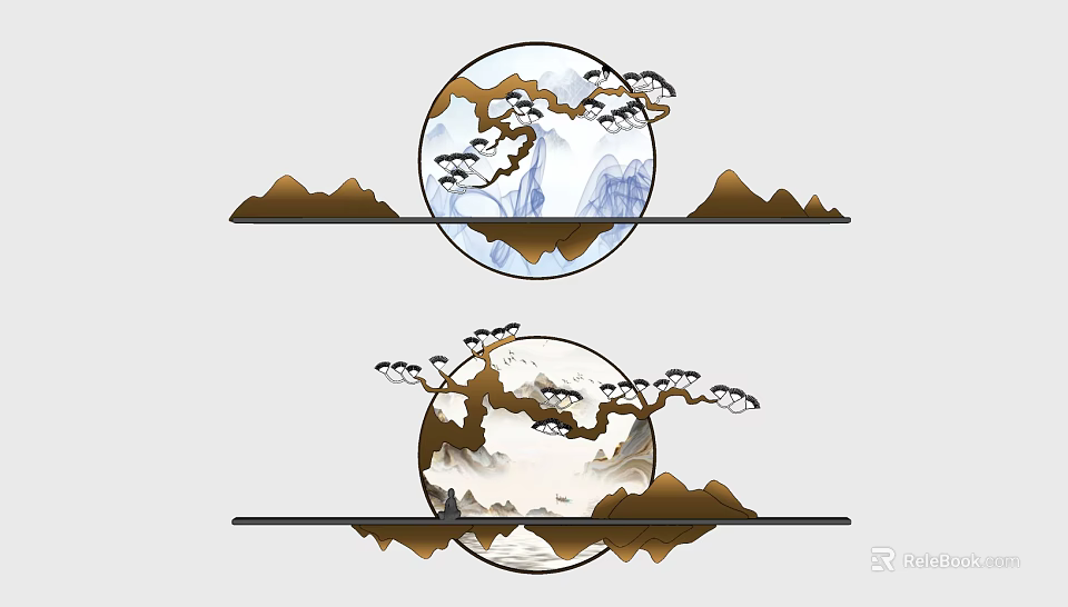 Chinese Style Circular Wall Decor With Landscape Pine Trees And Mountain Ranges 3d model