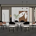 Contemporary Restaurant Interior With Modern Dining Table Comfortable Chairs And Pendant Lights 3d model