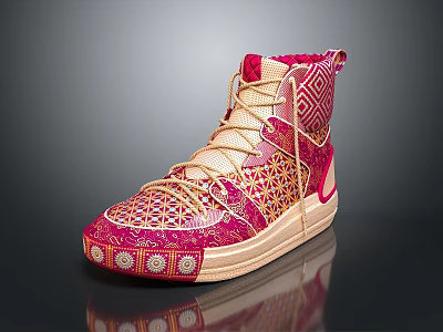 Red And Beige High Top Shoes With Geometric Pattern Woven Design And Ornate Details 3d model