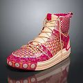 Red And Beige High Top Shoes With Geometric Pattern Woven Design And Ornate Details