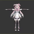 Anime Style Pink Hair Character With Bows White Purple Frilly Dress And Small Magical Creature