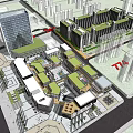Vibrant Commercial Street Featuring Multi Story Buildings Glass Facades Plaza Greenery And Outdoor Seating