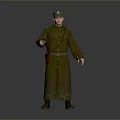 Man in Green Military Uniform with Military Cap Brown Belt and Red Satchel Holding Object