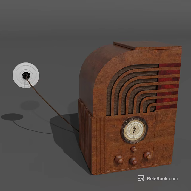 Vintage Wooden Radio With Round Clock Face Curved Design And Decorative Knobs 3d model 