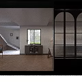 Elegant Living Dining Room Interior With Decorative Ceiling Dark Wooden Furniture Leather Sofa Herringbone Floor