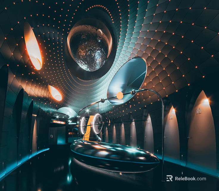 Innovative Public Toilet With Futuristic Ceiling Design Stylish Lighting And Modern Partitions 3d model 
