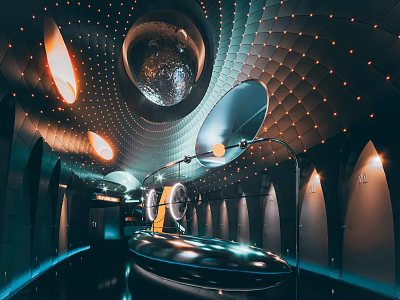 Innovative Public Toilet With Futuristic Ceiling Design Stylish Lighting And Modern Partitions 3d model