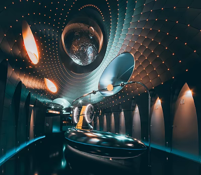 Innovative Public Toilet With Futuristic Ceiling Design Stylish Lighting And Modern Partitions 3d model