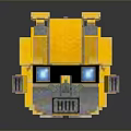 Yellow Blocky Robot Character With Blue Glowing Eyes And Mechanical Head Structure
