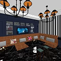 KTV Interior Design With Dark Blue Walls Chandelier Brown Sofa TV And Marble Flooring