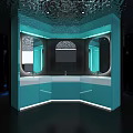 Futuristic KTV Corridor Design With Blue Lighting And Circular Sign Decor