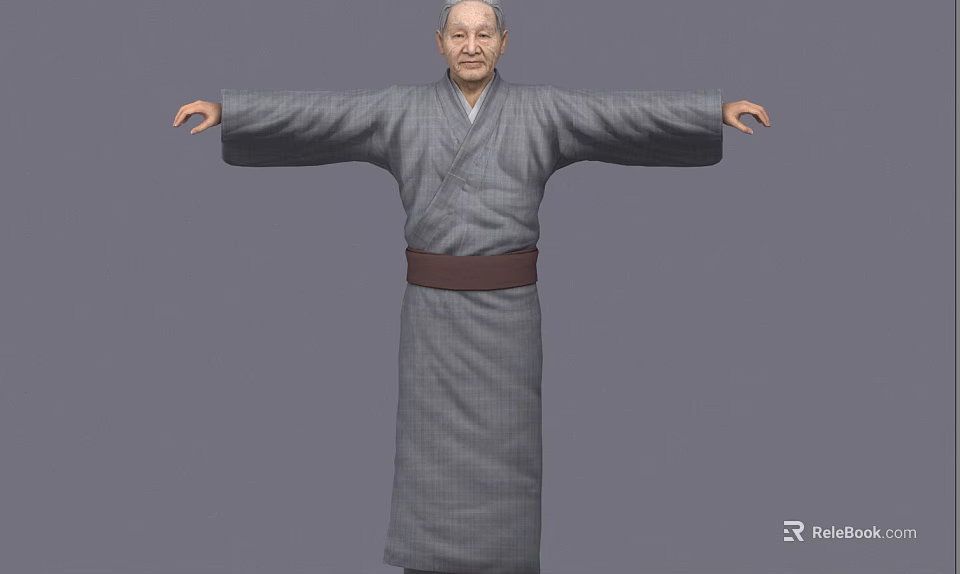 Elderly Male Game And Movie Character In Gray Kimono With Brown Belt Arms Outstretched 3d model 