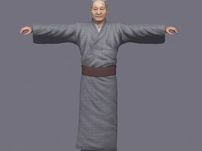 Elderly Male Game And Movie Character In Gray Kimono With Brown Belt Arms Outstretched 3d model