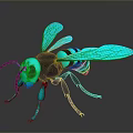 Stylized 3D Bee Model With Teal Wings And Black Striped Body