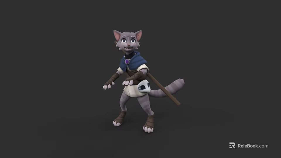 Cartoon Cat Character In Adventurer Costume With Sword And Purple Gem 3d model 