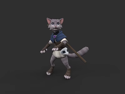 Cartoon Cat Character In Adventurer Costume With Sword And Purple Gem 3d model