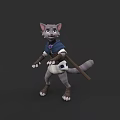 Cartoon Cat Character In Adventurer Costume With Sword And Purple Gem