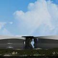 Modern Reception Desk At Contemporary Building Entrance With Water Pool Greenery And Blue Sky