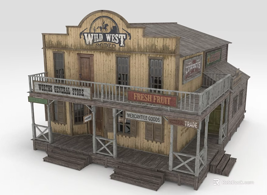 Wild West Style Wooden Storefront Building With Balcony Fresh Fruit And Restaurant Signs 3d model 
